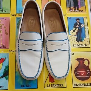 Tod's White and Blue Slip-On Loafers with Moccasin Toe